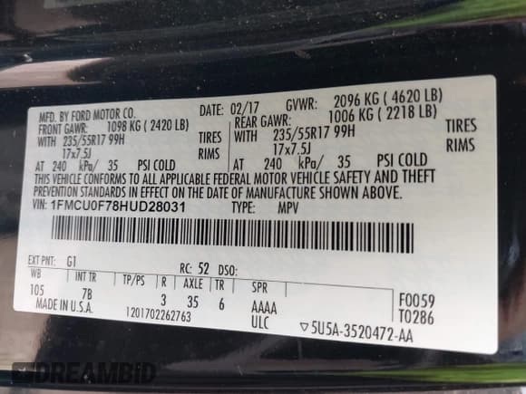 ✅ 2017 Ford Escape S • VIN: 1FMCU0F78HUD28031 • Lot: 43499422. Listed on IAAI with 123,129 mi. Free auction sales archive from the USA and detailed vehicle history report at DreamBid. Image 9.