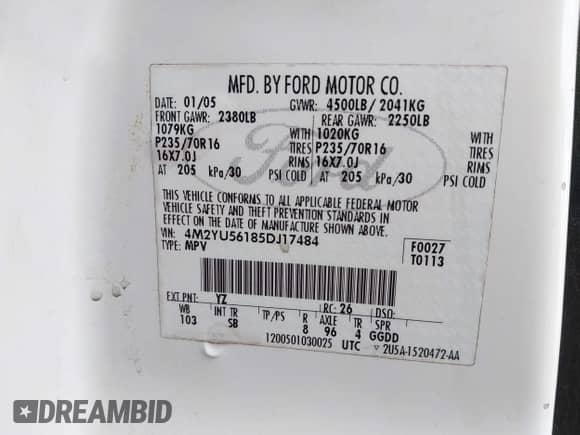 2005 Mercury Mariner Luxury z VIN 4M2YU56185DJ17484, wystawiony jako IAAI lot #42364348 z przebiegiem 199 262 mil mil oraz . Historia ofert i sprzedaży dostępna na DreamBid. Obrazek 9.