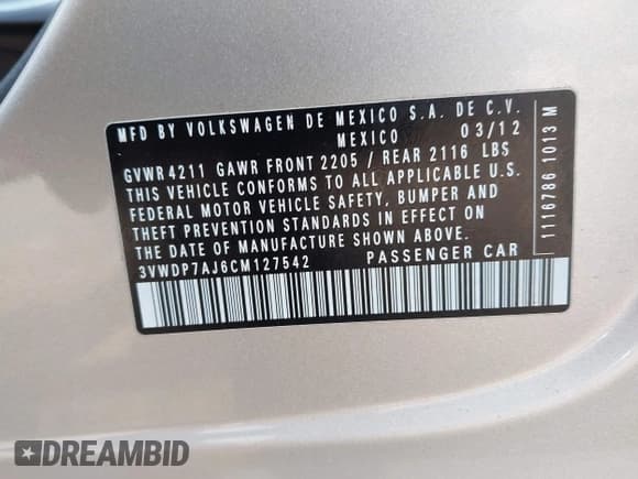 ✅ 2012 Volkswagen Jetta SE • VIN: 3VWDP7AJ6CM127542 • Lot: 42405701. Listed on IAAI with 137,240 mi. Free auction sales archive from the USA and detailed vehicle history report at DreamBid. Image 9.