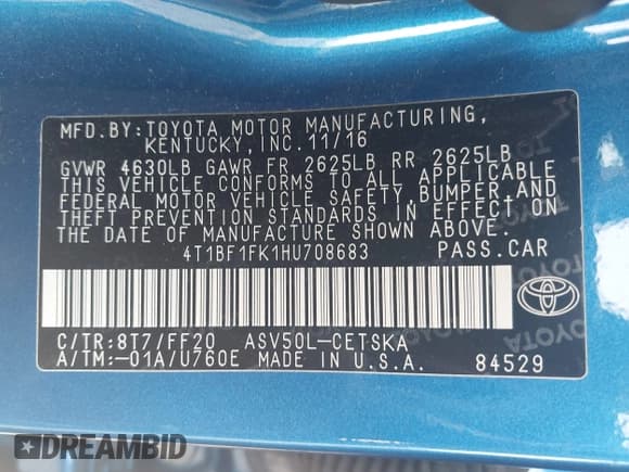 ✅ 2017 Toyota Camry XLE • VIN: 4T1BF1FK1HU708683 • Lot: 43221071. Listed on IAAI with 124,033 mi. Free auction sales archive from the USA and detailed vehicle history report at DreamBid. Image 9.