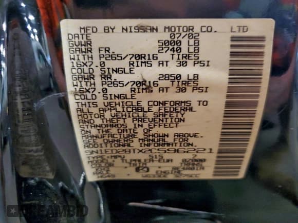 ✅ 2002 Nissan Xterra XE • VIN: 5N1ED28TX2C596221 • Lot: 95969825. Listed on Copart with 177,367 mi. Free auction sales archive from the USA and detailed vehicle history report at DreamBid. Image 13.