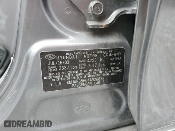 ✅ 2004 Hyundai Sonata GLS • VIN: KMHWF35H04A926872 • Lot: 65049495. Listed on Copart with 69,555 mi. Free auction sales archive from the USA and detailed vehicle history report at DreamBid. Image 12.