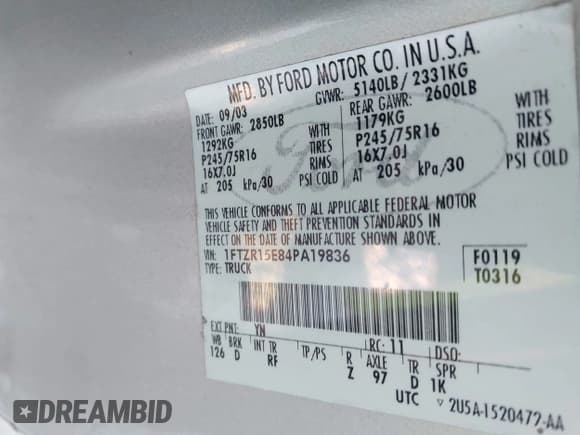 ✅ 2004 Ford Ranger XL Fleet • VIN: 1FTZR15E84PA19836 • Lot: 43892504. Listed on IAAI with 146,449 mi. Free auction sales archive from the USA and detailed vehicle history report at DreamBid. Image 9.