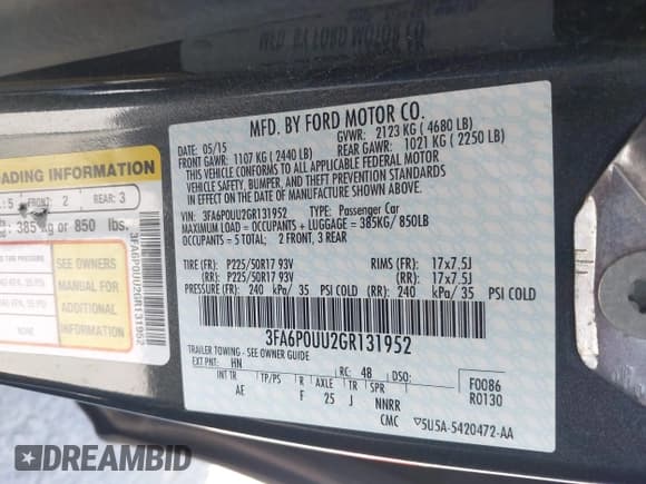 ✅ 2016 Ford Fusion S Hybrid • VIN: 3FA6P0UU2GR131952 • Lot: 42990600. Wystawiony na IAAI z przebiegiem 164 073 mil. Bezpłatny archiwum sprzedaży aukcyjnych z USA i szczegółowy raport historii pojazdu na DreamBid. Zdjęcie 9.