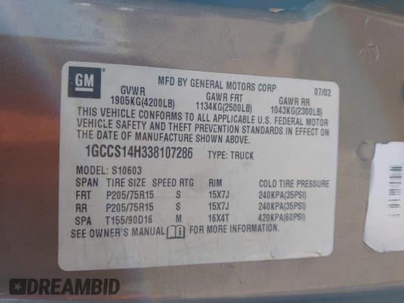 ✅ 2003 Chevrolet S-10 LS • VIN: 1GCCS14H338107286 • Лот: 41467985. Опубликован ранее на IAAI с пробегом 198 421 миль. Бесплатный доступ к архиву аукционных продаж из США и подробный отчёт об истории автомобиля на DreamBid. Изображение 9.
