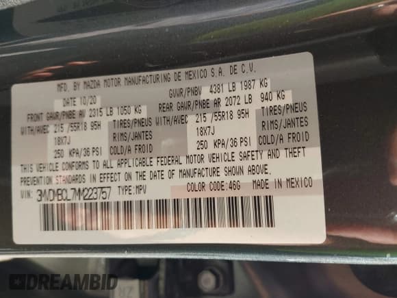 ✅ 2021 Mazda CX-30 Preferred • VIN: 3MVDMBCL7MM223757 • Lot: 43523159. Listed on IAAI with 55,698 mi. Free auction sales archive from the USA and detailed vehicle history report at DreamBid. Image 9.