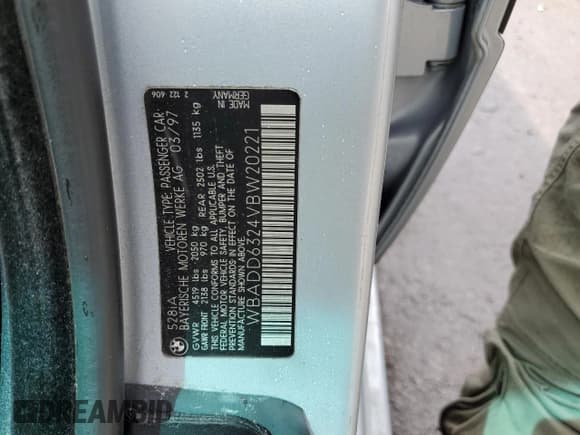 ✅ 1997 BMW 5 Series 528i • VIN: WBADD6324VBW20221 • Lot: 65518504. Listed on Copart with Not provided. Free auction sales archive from the USA and detailed vehicle history report at DreamBid. Image 12.