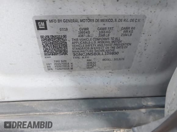 ✅ 2020 Chevrolet Trax LS • VIN: 3GNCJNSB3LL109850 • Lot: 42045580. Listed on IAAI with 46,890 mi. Free auction sales archive from the USA and detailed vehicle history report at DreamBid. Image 9.