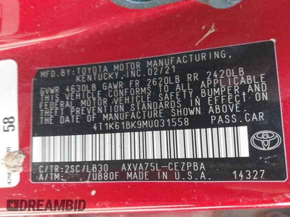 2021 Toyota Camry XSE с VIN 4T1K61BK9MU031558, выставлен на аукционе IAAI как лот 42407038 с пробегом 71 086 миль миль и . История ставок и продаж доступна на DreamBid. Изображение 9.