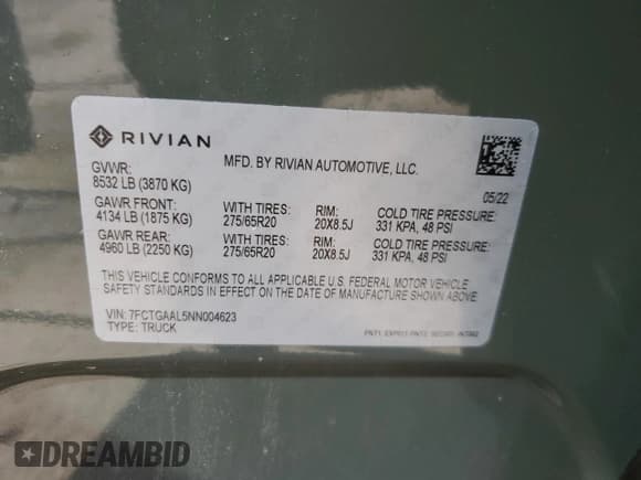 ✅ 2022 Rivian R1T Launch Edition • VIN: 7FCTGAAL5NN004623 • Lot: 47966085. Wystawiony na Copart z przebiegiem 28 798 mil. Bezpłatny archiwum sprzedaży aukcyjnych z USA i szczegółowy raport historii pojazdu na DreamBid. Zdjęcie 13.
