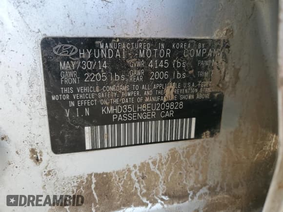 ✅ 2014 Hyundai Elantra • VIN: KMHD35LH8EU209828 • Lot: 90997145. Listed on Copart with Not provided. Free auction sales archive from the USA and detailed vehicle history report at DreamBid. Image 12.