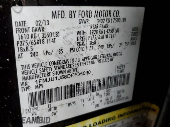 ✅ 2013 Ford Expedition XLT • VIN: 1FMJU1J58DEF35090 • Lot: 52794125. Listed on Copart with 192,132 mi. Free auction sales archive from the USA and detailed vehicle history report at DreamBid. Image 14.