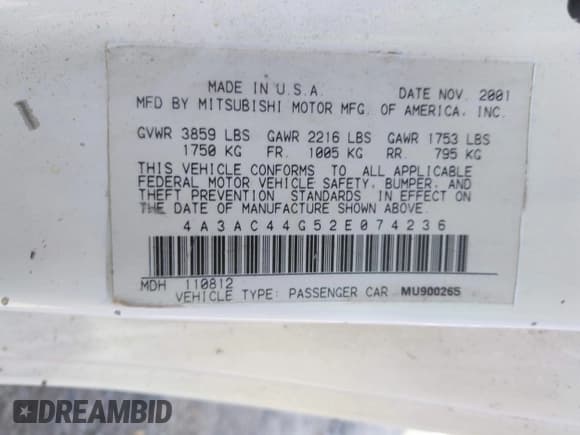 ✅ 2002 Mitsubishi Eclipse GS • VIN: 4A3AC44G52E074236 • Лот: 42824037. Опубликован ранее на IAAI с пробегом 200 758 миль. Бесплатный доступ к архиву аукционных продаж из США и подробный отчёт об истории автомобиля на DreamBid. Изображение 9.