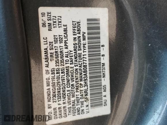 ✅ 2010 Honda Odyssey Touring • VIN: 5FNRL3H93AB087771 • Lot: 59322835. Listed on Copart with 247,000 mi. Free auction sales archive from the USA and detailed vehicle history report at DreamBid. Image 13.