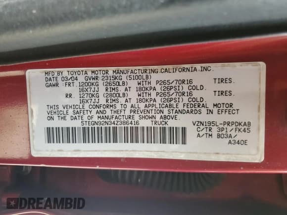 ✅ 2004 Toyota Tacoma PreRunner • VIN: 5TEGN92N34Z386416 • Lot: 70041085. Listed on Copart with 102,106 mi. Free auction sales archive from the USA and detailed vehicle history report at DreamBid. Image 12.