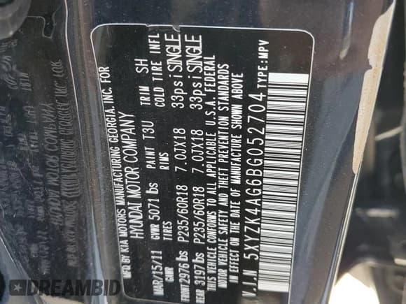 ✅ 2011 Hyundai Santa Fe Limited • VIN: 5XYZK4AG6BG052704 • Lot: 71253434. Listed on Copart with 172,363 mi. Free auction sales archive from the USA and detailed vehicle history report at DreamBid. Image 14.