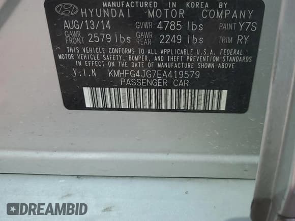 ✅ 2014 Hyundai Azera • VIN: KMHFG4JG7EA419579 • Lot: 68724675. Listed on Copart with 85,911 mi. Free auction sales archive from the USA and detailed vehicle history report at DreamBid. Image 12.