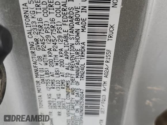 ✅ 2008 Toyota Tacoma • VIN: 5TEPX42N08Z536047 • Lot: 65555345. Wystawiony na Copart z przebiegiem 282 019 mil. Bezpłatny archiwum sprzedaży aukcyjnych z USA i szczegółowy raport historii pojazdu na DreamBid. Zdjęcie 12.