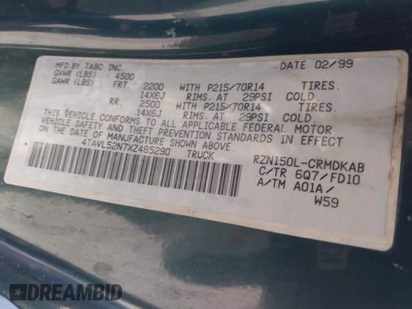 ✅ 1999 Toyota Tacoma • VIN: 4TAVL52N7XZ485290 • Lot: 43096889. Wystawiony na IAAI z przebiegiem Nie podano. Bezpłatny archiwum sprzedaży aukcyjnych z USA i szczegółowy raport historii pojazdu na DreamBid. Zdjęcie 9.