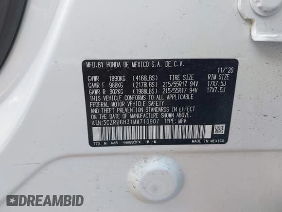 ✅ 2021 Honda HR-V LX • VIN: 3CZRU6H31MM710907 • Lot: 43698409. Listed on IAAI with 54,803 mi. Free auction sales archive from the USA and detailed vehicle history report at DreamBid. Image 9.