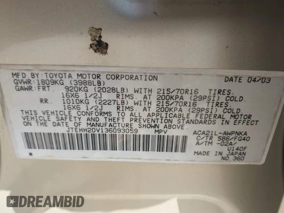 ✅ 2003 Toyota RAV4 • VIN: JTEHH20V136093059 • Лот: 43247738. Опубликован ранее на IAAI с пробегом 138 327 миль. Бесплатный доступ к архиву аукционных продаж из США и подробный отчёт об истории автомобиля на DreamBid. Изображение 9.