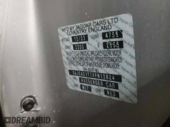 ✅ 2004 Jaguar S-Type • VIN: SAJEA01T74FN12824 • Lot: 82106064. Listed on Copart with Not provided. Free auction sales archive from the USA and detailed vehicle history report at DreamBid. Image 13.