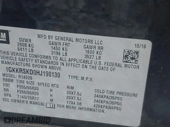 ✅ 2017 GMC Acadia Limited • VIN: 1GKKRSKD0HJ190130 • Lot: 43288669. Listed on IAAI with 155,997 mi. Free auction sales archive from the USA and detailed vehicle history report at DreamBid. Image 9.