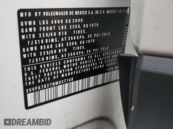 ✅ 2022 Volkswagen Taos SE • VIN: 3VVPX7B27NM037148 • Lot: 91347435. Listed on Copart with 53,132 mi. Free auction sales archive from the USA and detailed vehicle history report at DreamBid. Image 12.