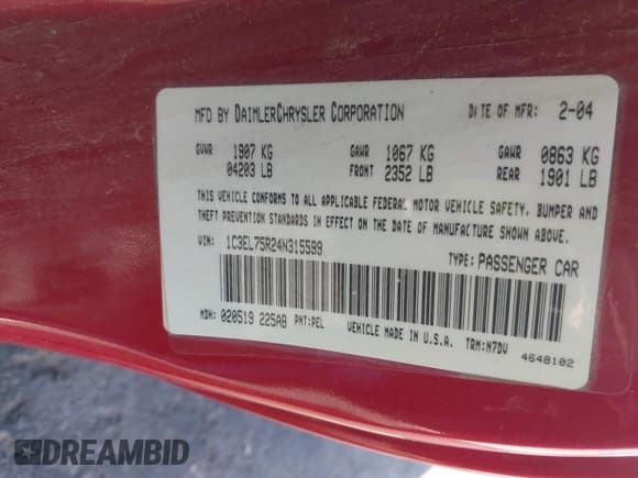 ✅ 2004 Chrysler Sebring GTC • VIN: 1C3EL75R24N315599 • Lot: 42458165. Listed on IAAI with 103,849 mi. Free auction sales archive from the USA and detailed vehicle history report at DreamBid. Image 9.