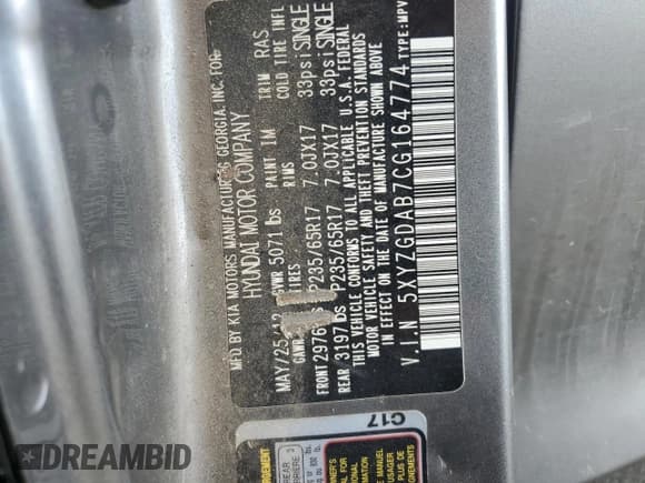 ✅ 2012 Hyundai Santa Fe GLS • VIN: 5XYZGDAB7CG164774 • Lot: 78517034. Listed on Copart with 267,198 mi. Free auction sales archive from the USA and detailed vehicle history report at DreamBid. Image 12.