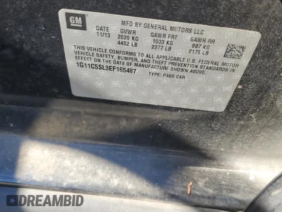 ✅ 2014 Chevrolet Malibu LT • VIN: 1G11C5SL3EF165487 • Lot: 82498065. Listed on Copart with Not provided. Free auction sales archive from the USA and detailed vehicle history report at DreamBid. Image 13.