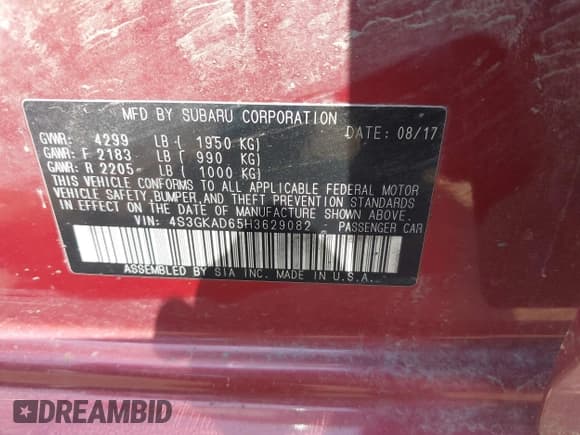 ✅ 2017 Subaru Impreza Premium • VIN: 4S3GKAD65H3629082 • Lot: 42427417. Listed on IAAI with 65,609 mi. Free auction sales archive from the USA and detailed vehicle history report at DreamBid. Image 9.