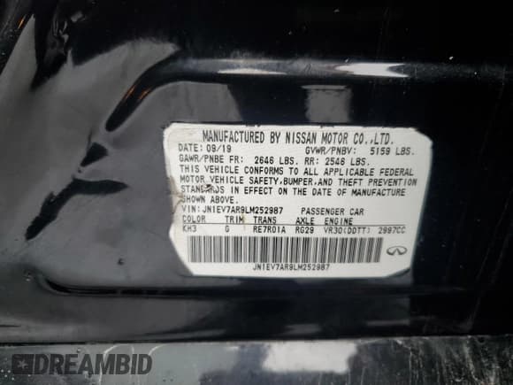 ✅ 2020 Infiniti Q50 Sport • VIN: JN1EV7AR9LM252987 • Lot: 51966565. Listed on Copart with 55,116 mi. Free auction sales archive from the USA and detailed vehicle history report at DreamBid. Image 12.