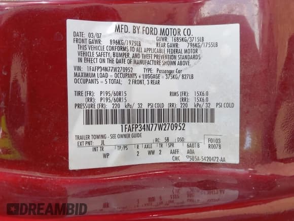 ✅ 2007 Ford Focus S • VIN: 1FAFP34N77W270952 • Lot: 43706854. Listed on IAAI with 103,039 mi. Free auction sales archive from the USA and detailed vehicle history report at DreamBid. Image 9.