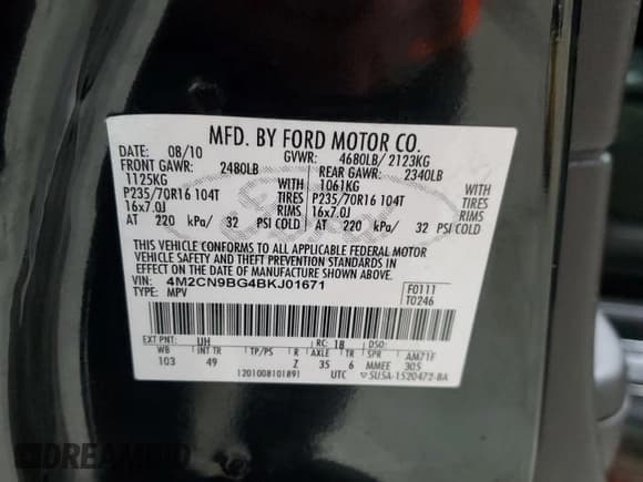 ✅ 2011 Mercury Mariner • VIN: 4M2CN9BG4BKJ01671 • Lot: 91291015. Listed on Copart with 142,534 mi. Free auction sales archive from the USA and detailed vehicle history report at DreamBid. Image 13.