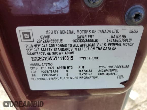 ✅ 2000 Chevrolet Silverado 1500 • VIN: 2GCEC19W5Y1118815 • Lot: 92752755. Listed on Copart with 190,113 mi. Free auction sales archive from the USA and detailed vehicle history report at DreamBid. Image 12.