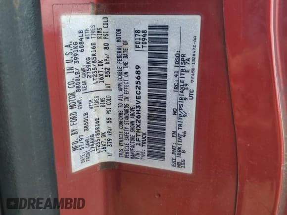 ✅ 1997 Ford F-250 • VIN: 1FTHX26H3VEC25689 • Lot: 67175975. Wystawiony na Copart z przebiegiem 219 753 mil. Bezpłatny archiwum sprzedaży aukcyjnych z USA i szczegółowy raport historii pojazdu na DreamBid. Zdjęcie 12.