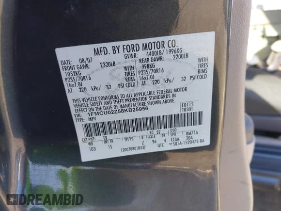 ✅ 2008 Ford Escape XLS • VIN: 1FMCU02Z58KB25956 • Лот: 43708145. Опубликован ранее на IAAI с пробегом 326 117 миль. Бесплатный доступ к архиву аукционных продаж из США и подробный отчёт об истории автомобиля на DreamBid. Изображение 9.