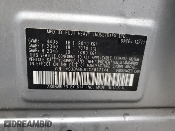 ✅ 2012 Subaru Legacy Premium • VIN: 4S3BMBG62C3017744 • Lot: 51184685. Listed on Copart with 157,120 mi. Free auction sales archive from the USA and detailed vehicle history report at DreamBid. Image 14.