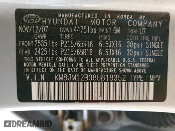 2008 Hyundai Tucson GLS с VIN KM8JM12B38U818352, выставлен на аукционе Copart как лот 71503394 с пробегом 186 965 миль миль и Списание • Salvage title. История ставок и продаж доступна на DreamBid. Изображение 14.