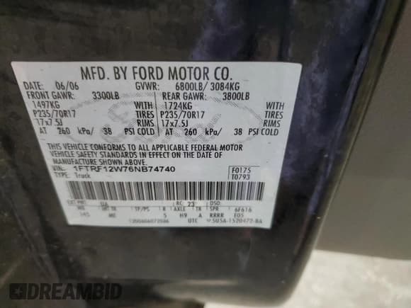 ✅ 2006 Ford F-150 XL • VIN: 1FTRF12W76NB74740 • Lot: 65062815. Listed on Copart with 216,972 mi. Free auction sales archive from the USA and detailed vehicle history report at DreamBid. Image 12.