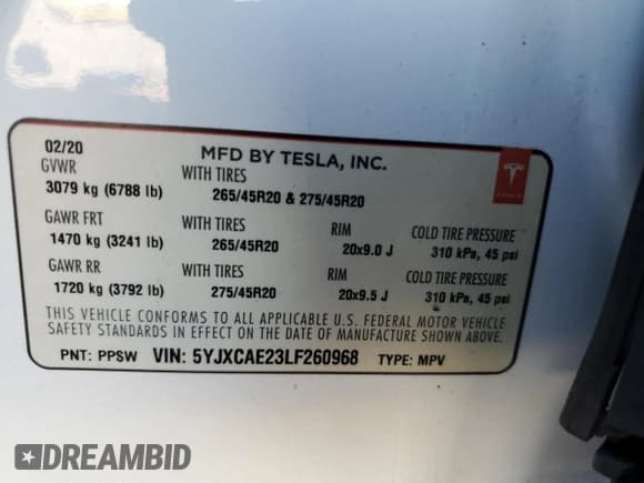 ✅ 2020 Tesla Model X Long Range • VIN: 5YJXCAE23LF260968 • Lot: 85529105. Wystawiony na Copart z przebiegiem 81 958 mil. Bezpłatny archiwum sprzedaży aukcyjnych z USA i szczegółowy raport historii pojazdu na DreamBid. Zdjęcie 13.