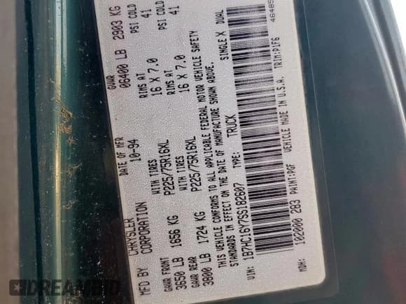 ✅ 1995 Dodge 1500 • VIN: 1B7HC16Y7SS182607 • Lot: 91098955. Listed on Copart with 67,138 mi. Free auction sales archive from the USA and detailed vehicle history report at DreamBid. Image 12.