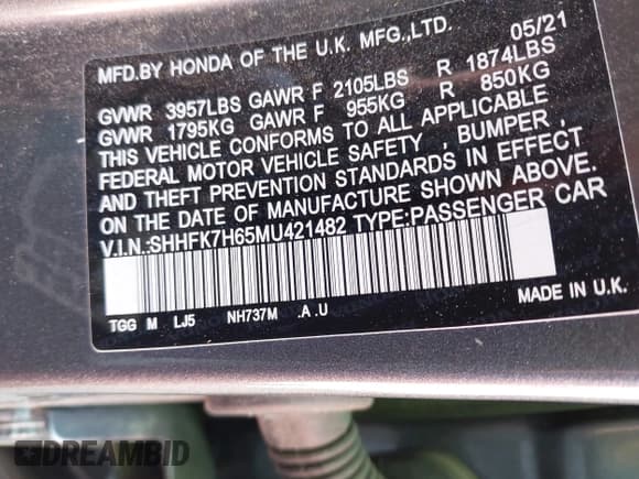 ✅ 2021 Honda Civic EX • VIN: SHHFK7H65MU421482 • Lot: 43273472. Listed on IAAI with 70,991 mi. Free auction sales archive from the USA and detailed vehicle history report at DreamBid. Image 9.