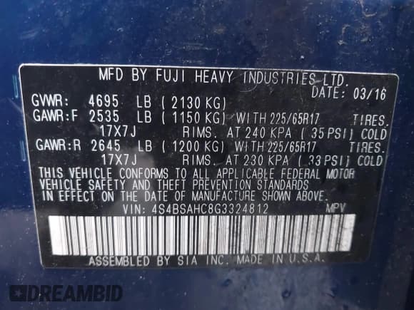 ✅ 2016 Subaru Outback Premium • VIN: 4S4BSAHC8G3324812 • Lot: 43760922. Listed on IAAI with 58,064 mi. Free auction sales archive from the USA and detailed vehicle history report at DreamBid. Image 9.