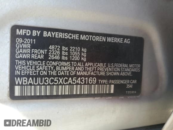 ✅ 2012 BMW 3 Series 328i xDrive • VIN: WBAUU3C5XCA543169 • Lot: 87904685. Listed on Copart with 224,245 mi. Free auction sales archive from the USA and detailed vehicle history report at DreamBid. Image 13.