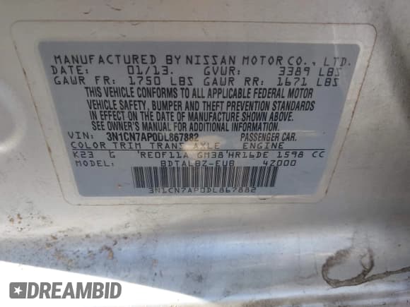 ✅ 2013 Nissan Versa SV • VIN: 3N1CN7AP0DL867882 • Lot: 42520784. Wystawiony na IAAI z przebiegiem 118 441 mil. Bezpłatny archiwum sprzedaży aukcyjnych z USA i szczegółowy raport historii pojazdu na DreamBid. Zdjęcie 9.