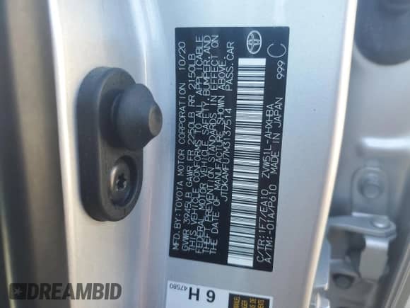 2021 Toyota Prius L Eco with VIN JTDKAMFU7M3137514, listed as a Copart auction lot 85843795 with 31,718 mi miles and Salvage title. Bid and sale history available at DreamBid. Image 13.