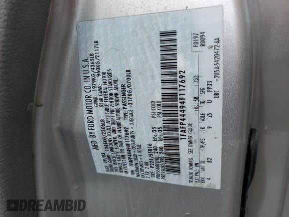 ✅ 2004 Ford Mustang Deluxe • VIN: 1FAFP44494F117692 • Lot: 56503755. Listed on Copart with 159,917 mi. Free auction sales archive from the USA and detailed vehicle history report at DreamBid. Image 12.