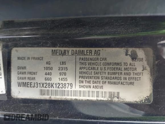 ✅ 2008 Smart fortwo Pure • VIN: WMEEJ31X28K123879 • Lot: 42258663. Wystawiony na IAAI z przebiegiem 93 056 mil. Bezpłatny archiwum sprzedaży aukcyjnych z USA i szczegółowy raport historii pojazdu na DreamBid. Zdjęcie 9.